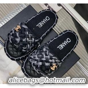 Hot Style Chanel Braided Flat Slide Sandals G38189 Black/Grey 328035