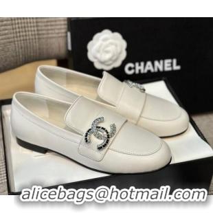 Stylish Chanel Calfskin Loafers with Crystal CC White 328036