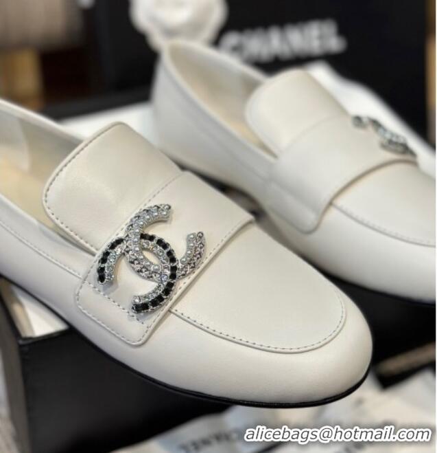 Stylish Chanel Calfskin Loafers with Crystal CC White 328036