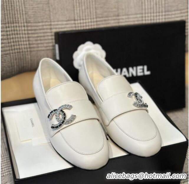 Stylish Chanel Calfskin Loafers with Crystal CC White 328036