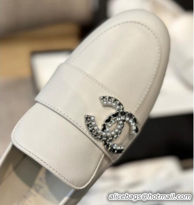 Stylish Chanel Calfskin Loafers with Crystal CC White 328036