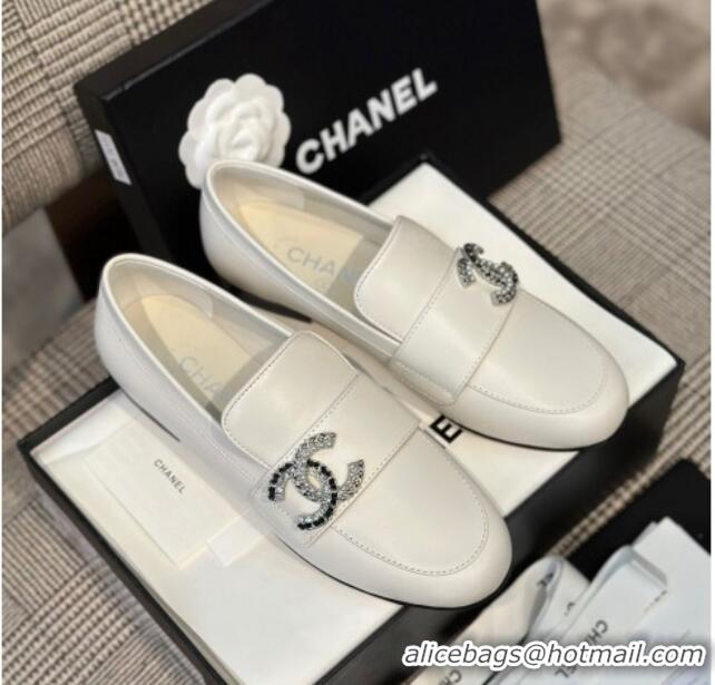 Stylish Chanel Calfskin Loafers with Crystal CC White 328036