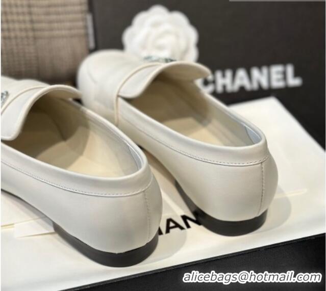 Stylish Chanel Calfskin Loafers with Crystal CC White 328036