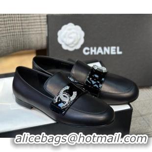 Best Product Chanel Calfskin Loafers with Crystal CC Black 328037