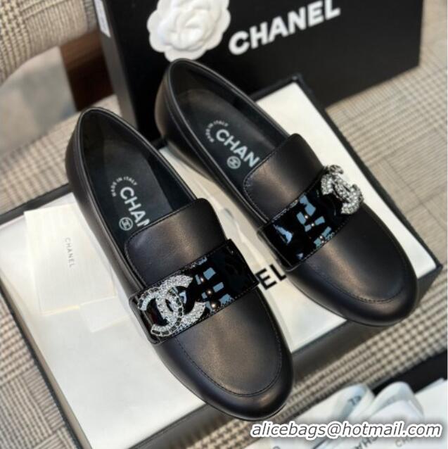 Best Product Chanel Calfskin Loafers with Crystal CC Black 328037