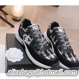 Top Grade Chanel Tweed & Leather Sneakers G38299 Black/White 328040