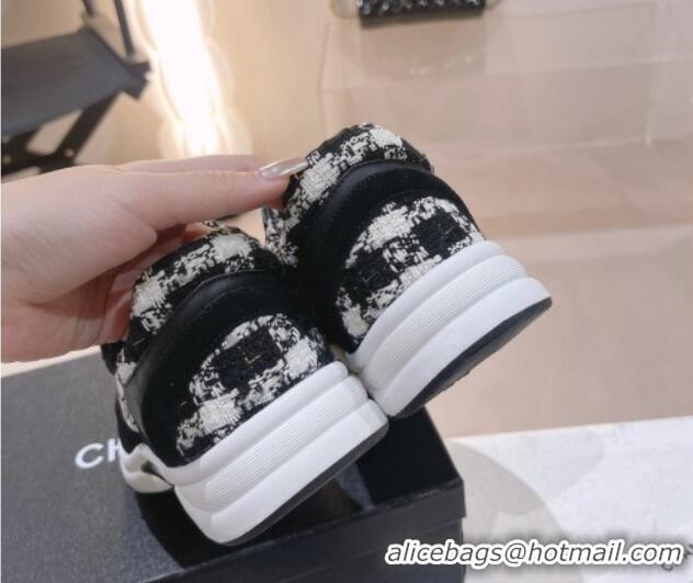 Top Grade Chanel Tweed & Leather Sneakers G38299 Black/White 328040