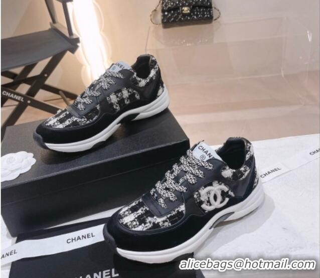 Top Grade Chanel Tweed & Leather Sneakers G38299 Black/White 328040