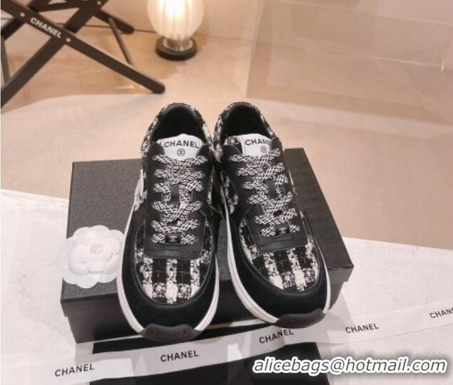 Top Grade Chanel Tweed & Leather Sneakers G38299 Black/White 328040