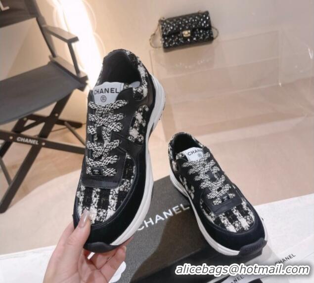 Top Grade Chanel Tweed & Leather Sneakers G38299 Black/White 328040