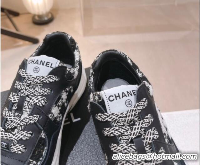 Top Grade Chanel Tweed & Leather Sneakers G38299 Black/White 328040