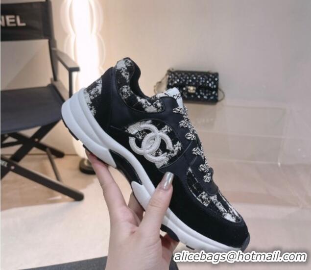 Top Grade Chanel Tweed & Leather Sneakers G38299 Black/White 328040