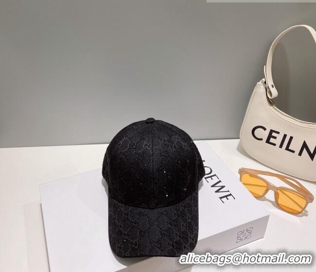 Luxury Cheap Gucci GG Canvas Baseball Hat with Crystals 0628 Black 2023