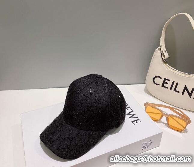 Luxury Cheap Gucci GG Canvas Baseball Hat with Crystals 0628 Black 2023