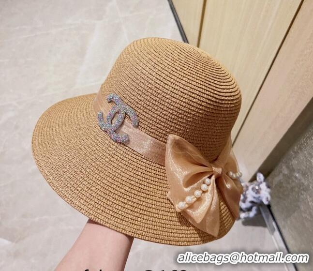 Luxury Classic Chanel Straw Bucket Hat with Bow 0628 Khaki 2023