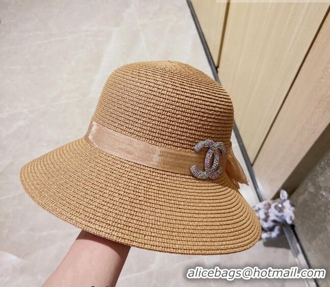 Luxury Classic Chanel Straw Bucket Hat with Bow 0628 Khaki 2023