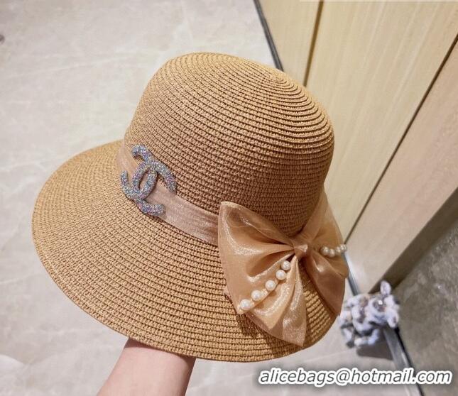 Luxury Classic Chanel Straw Bucket Hat with Bow 0628 Khaki 2023