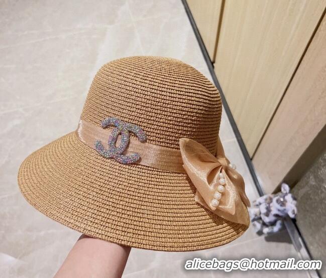 Luxury Classic Chanel Straw Bucket Hat with Bow 0628 Khaki 2023