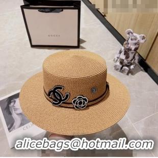 Famous Brand Chanel Straw Wide Brim Hat 0628 Khaki 2023