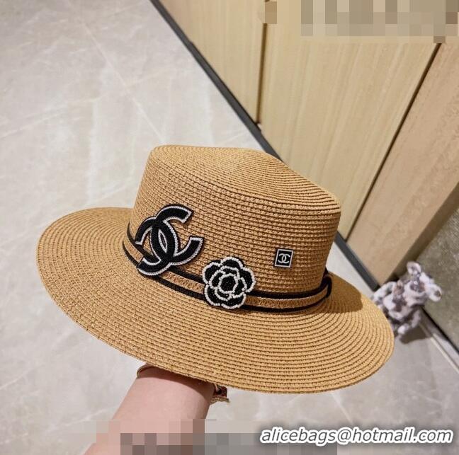 Famous Brand Chanel Straw Wide Brim Hat 0628 Khaki 2023