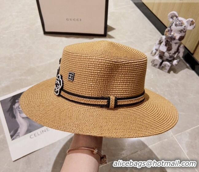 Famous Brand Chanel Straw Wide Brim Hat 0628 Khaki 2023