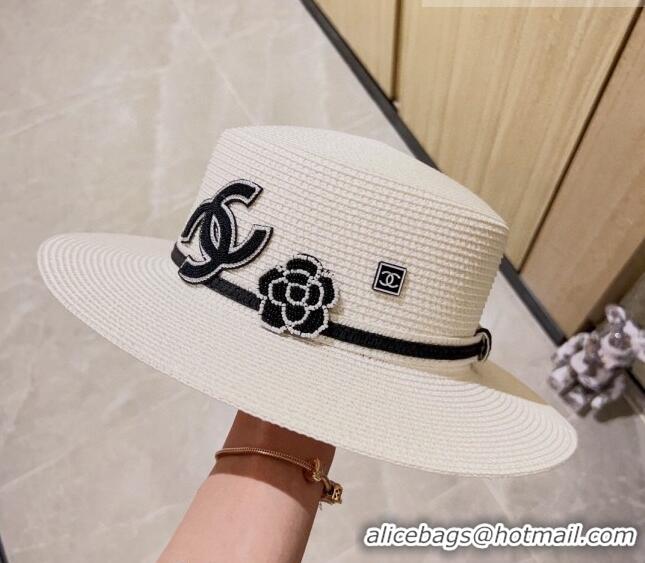 Popular Style Chanel Straw Wide Brim Hat 0628 White 2023