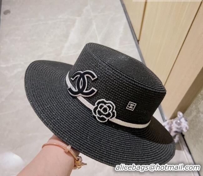 Lower Price Chanel Straw Wide Brim Hat 0628 Black 2023