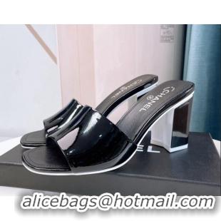 Discount Chanel Patent Calfskin Slide Sandals 8cm G38689 Black 328047