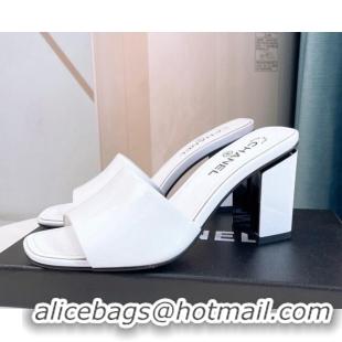 Best Product Chanel Patent Calfskin Slide Sandals 8cm G38689 White 328049