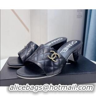 Best Quality Chanel Quilted Lambskin Heel Slide Sandals 6cm G38820 Black 328053