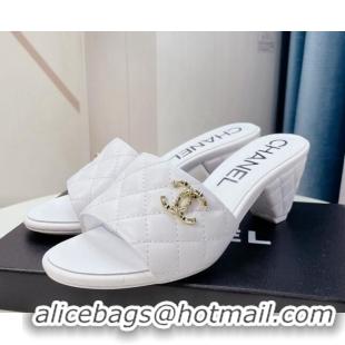 Good Quality Chanel Quilted Lambskin Heel Slide Sandals 6cm G38820 White 328054