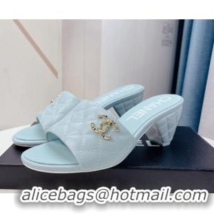 Duplicate Chanel Quilted Lambskin Heel Slide Sandals 6cm G38820 Light Blue 328057