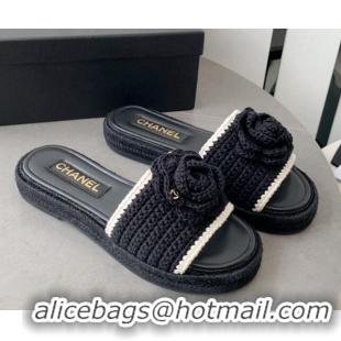 Low Price Chanel Camellia Bloom Crochet Flat Slide Sandals Black 328058