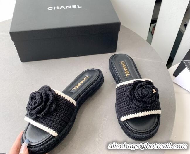 Low Price Chanel Camellia Bloom Crochet Flat Slide Sandals Black 328058