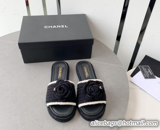 Low Price Chanel Camellia Bloom Crochet Flat Slide Sandals Black 328058