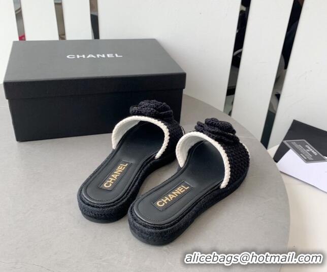 Low Price Chanel Camellia Bloom Crochet Flat Slide Sandals Black 328058