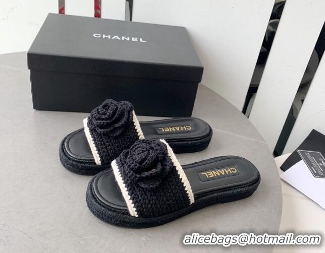 Low Price Chanel Camellia Bloom Crochet Flat Slide Sandals Black 328058