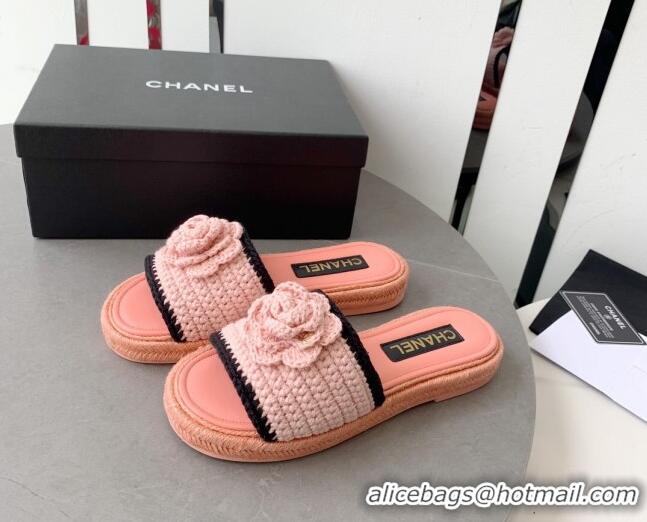 Best Price Chanel Camellia Bloom Crochet Flat Slide Sandals Light Pink 328059