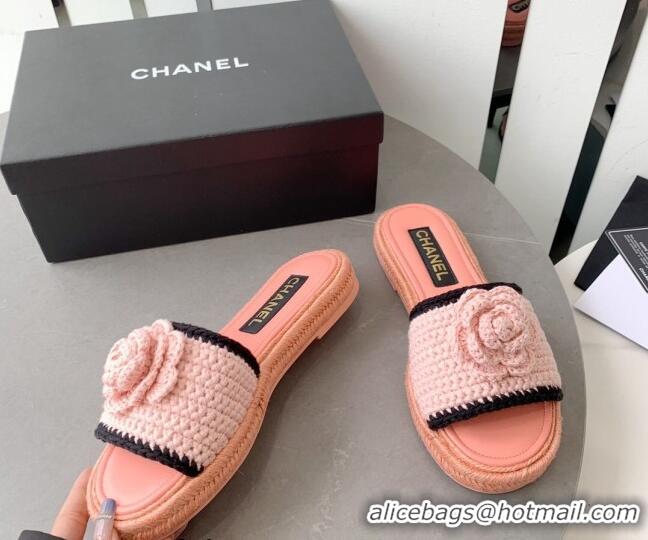 Best Price Chanel Camellia Bloom Crochet Flat Slide Sandals Light Pink 328059