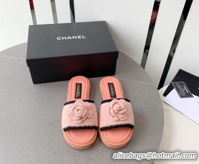 Best Price Chanel Camellia Bloom Crochet Flat Slide Sandals Light Pink 328059