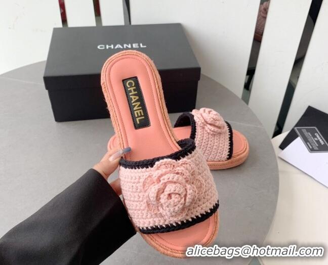 Best Price Chanel Camellia Bloom Crochet Flat Slide Sandals Light Pink 328059