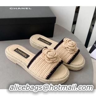 Perfect Chanel Camellia Bloom Crochet Flat Slide Sandals Beige 328060