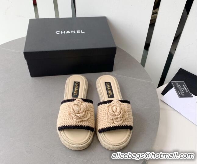 Perfect Chanel Camellia Bloom Crochet Flat Slide Sandals Beige 328060