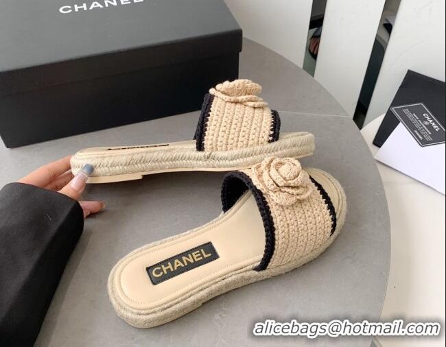 Perfect Chanel Camellia Bloom Crochet Flat Slide Sandals Beige 328060