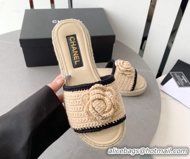 Perfect Chanel Camellia Bloom Crochet Flat Slide Sandals Beige 328060