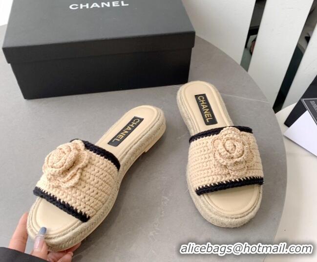 Perfect Chanel Camellia Bloom Crochet Flat Slide Sandals Beige 328060