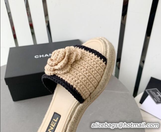 Perfect Chanel Camellia Bloom Crochet Flat Slide Sandals Beige 328060