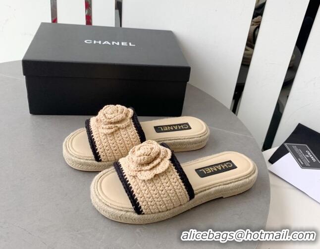 Perfect Chanel Camellia Bloom Crochet Flat Slide Sandals Beige 328060