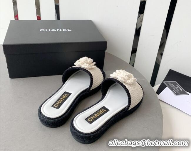 Pretty Style Chanel Camellia Bloom Crochet Flat Slide Sandals White 328061