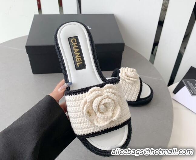 Pretty Style Chanel Camellia Bloom Crochet Flat Slide Sandals White 328061